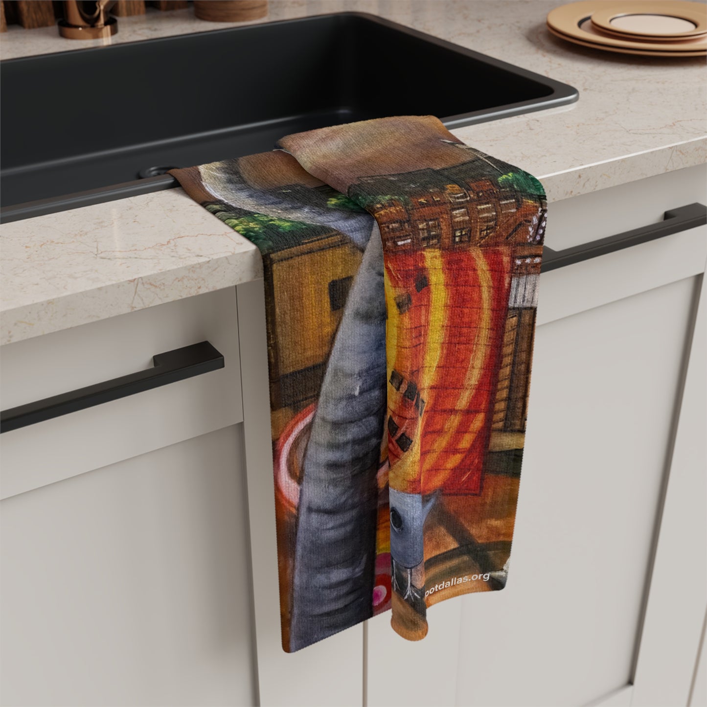 Dallas Sunset Tea Towel — "A Sunset Journey" Microfiber Kitchen Towel featuring Reunion Tower, Pegasus & Traveling Man