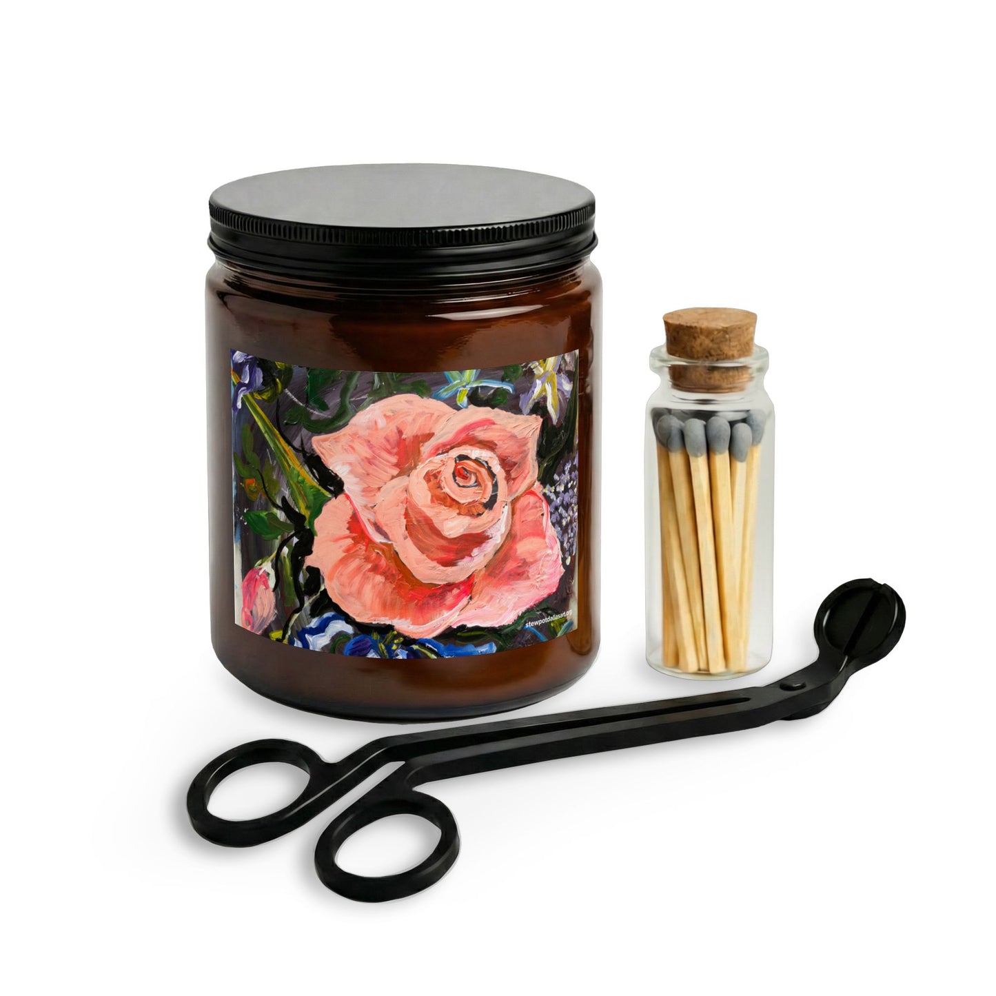 Hand-Painted Rose Candle Set with Matches & Wick Trimmer — 4oz or 9oz, Clear or Amber Jar