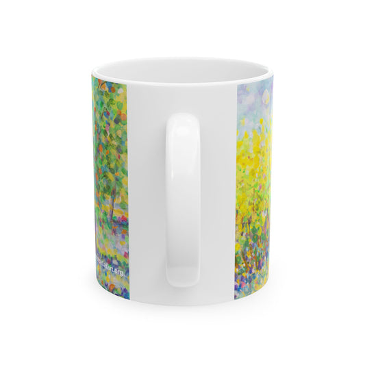 Impressionist Sunrise Landscape Mug — 'Winding Stream' Ceramic Coffee Cup (11oz & 15oz)