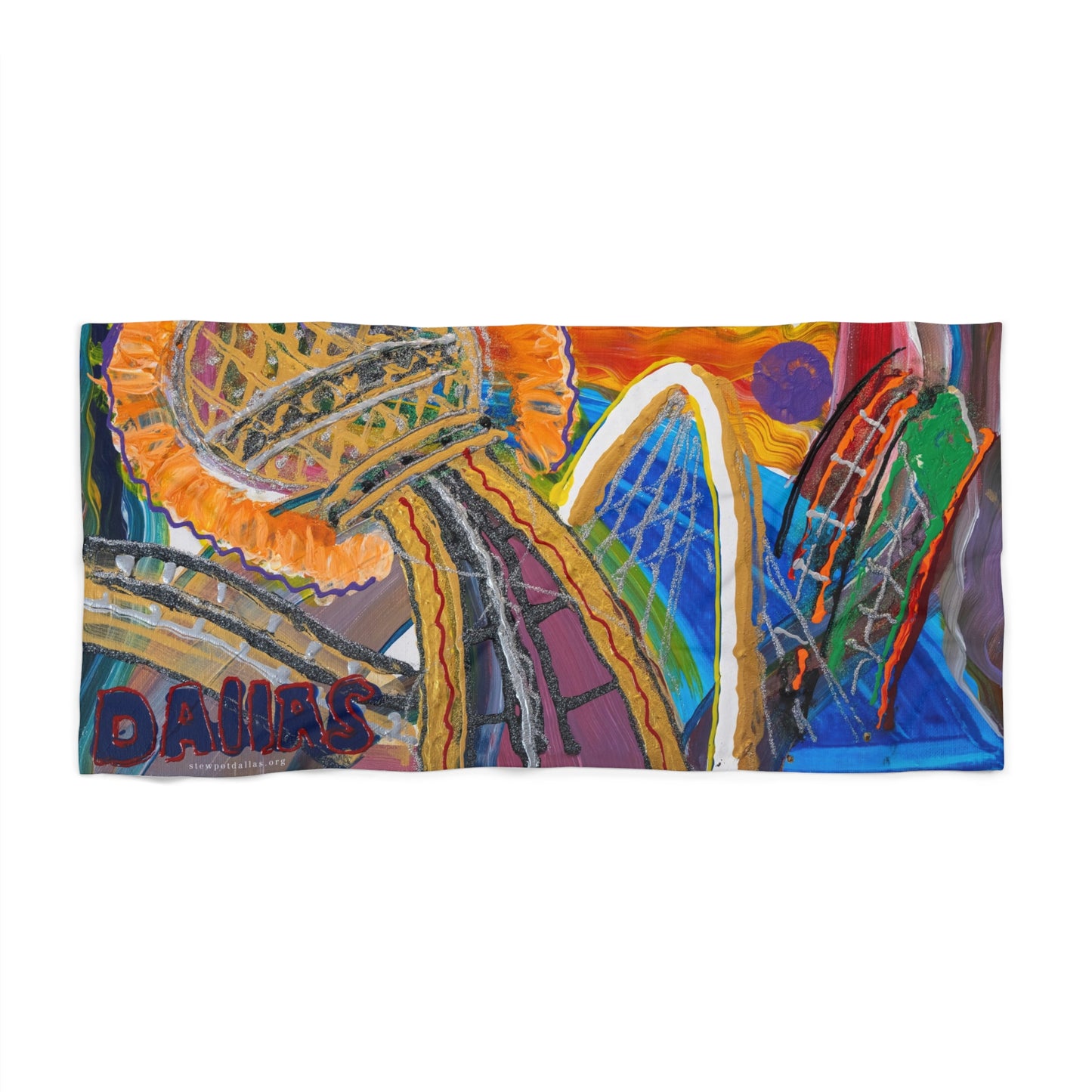 Vibrant Dallas Landmarks Beach Towel — Abstract Bridge & Skyline Design