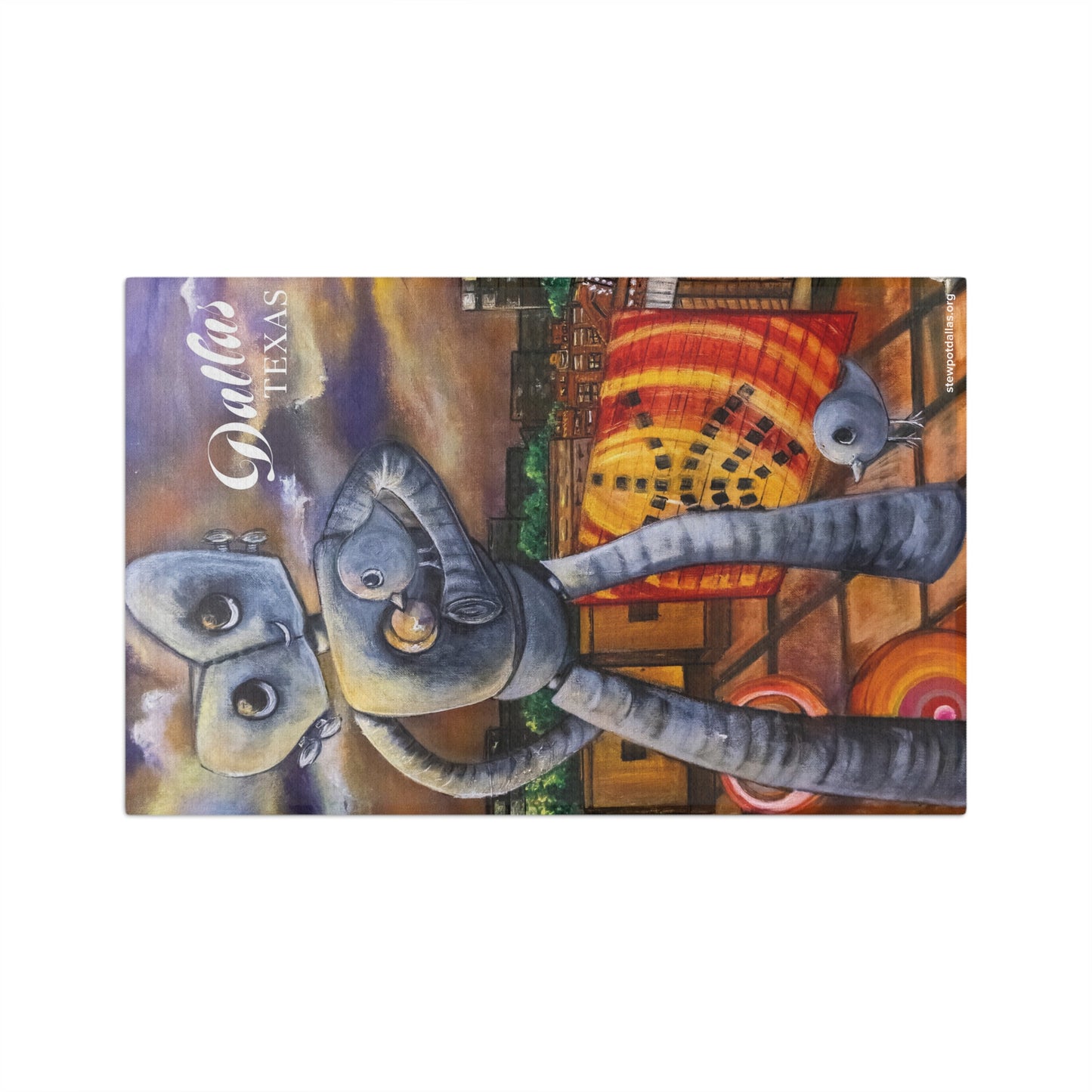 Dallas Sunset Tea Towel — "A Sunset Journey" Microfiber Kitchen Towel featuring Reunion Tower, Pegasus & Traveling Man
