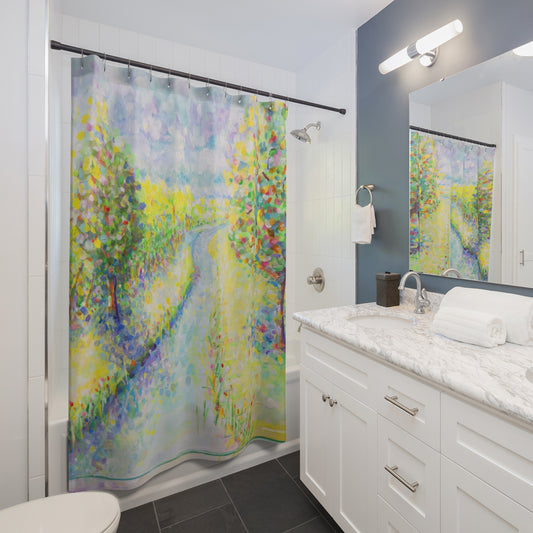 Pastel Watercolor Landscape Shower Curtain — 'Winding Stream' by Roger Blais