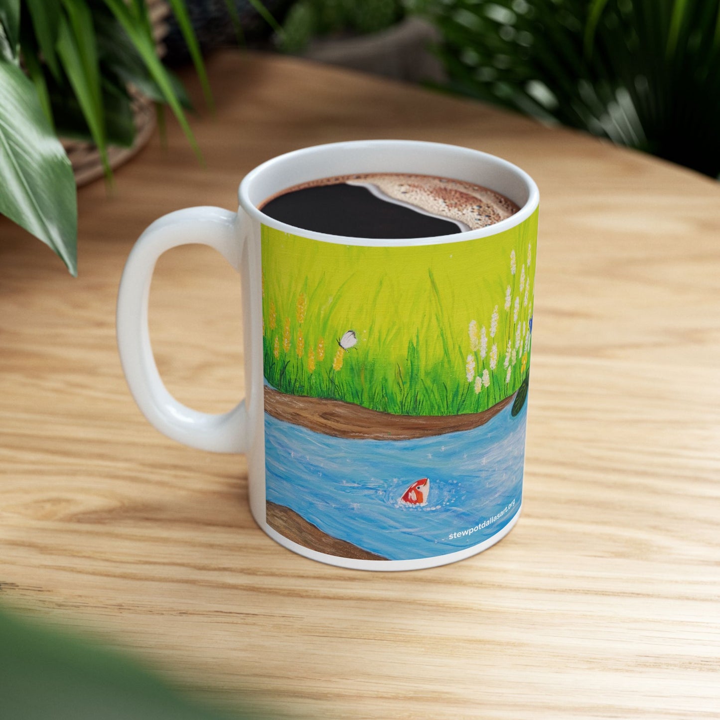 Ceramic Mug - Koi Stream with Wildflowers and Dragonflies by Colleen Pryor - Ceramic Coffee Cup (11oz & 15oz)