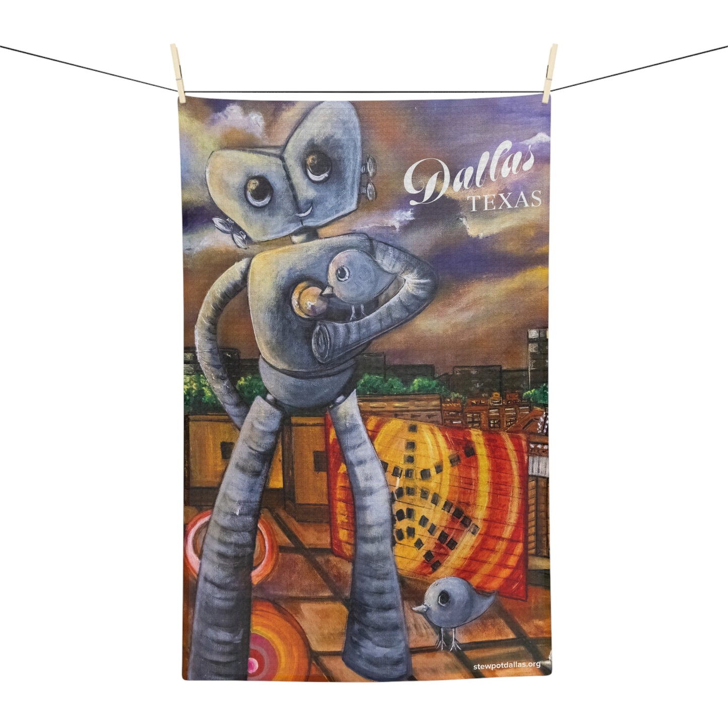 Dallas Sunset Tea Towel — "A Sunset Journey" Microfiber Kitchen Towel featuring Reunion Tower, Pegasus & Traveling Man