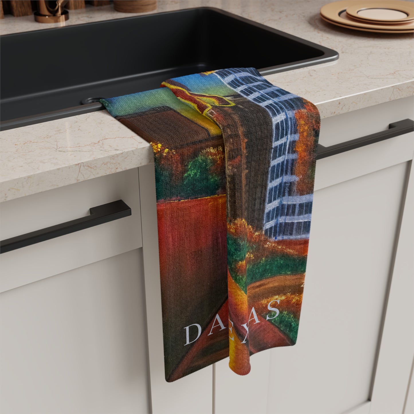 Dallas Cityscape Microfiber Tea Towel — 'Dallas 3 in One' Skyline with Pegasus & Reunion Tower