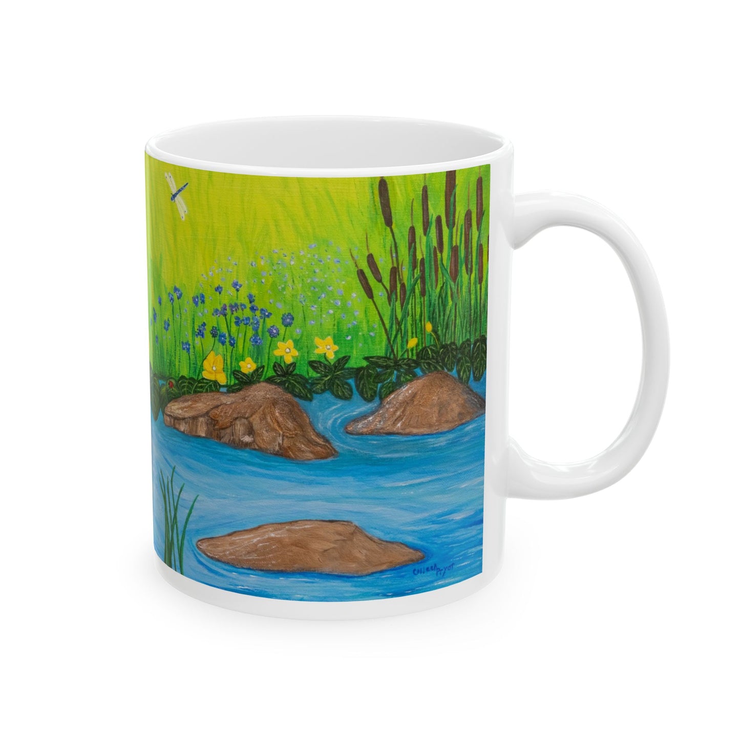 Ceramic Mug - Koi Stream with Wildflowers and Dragonflies by Colleen Pryor - Ceramic Coffee Cup (11oz & 15oz)
