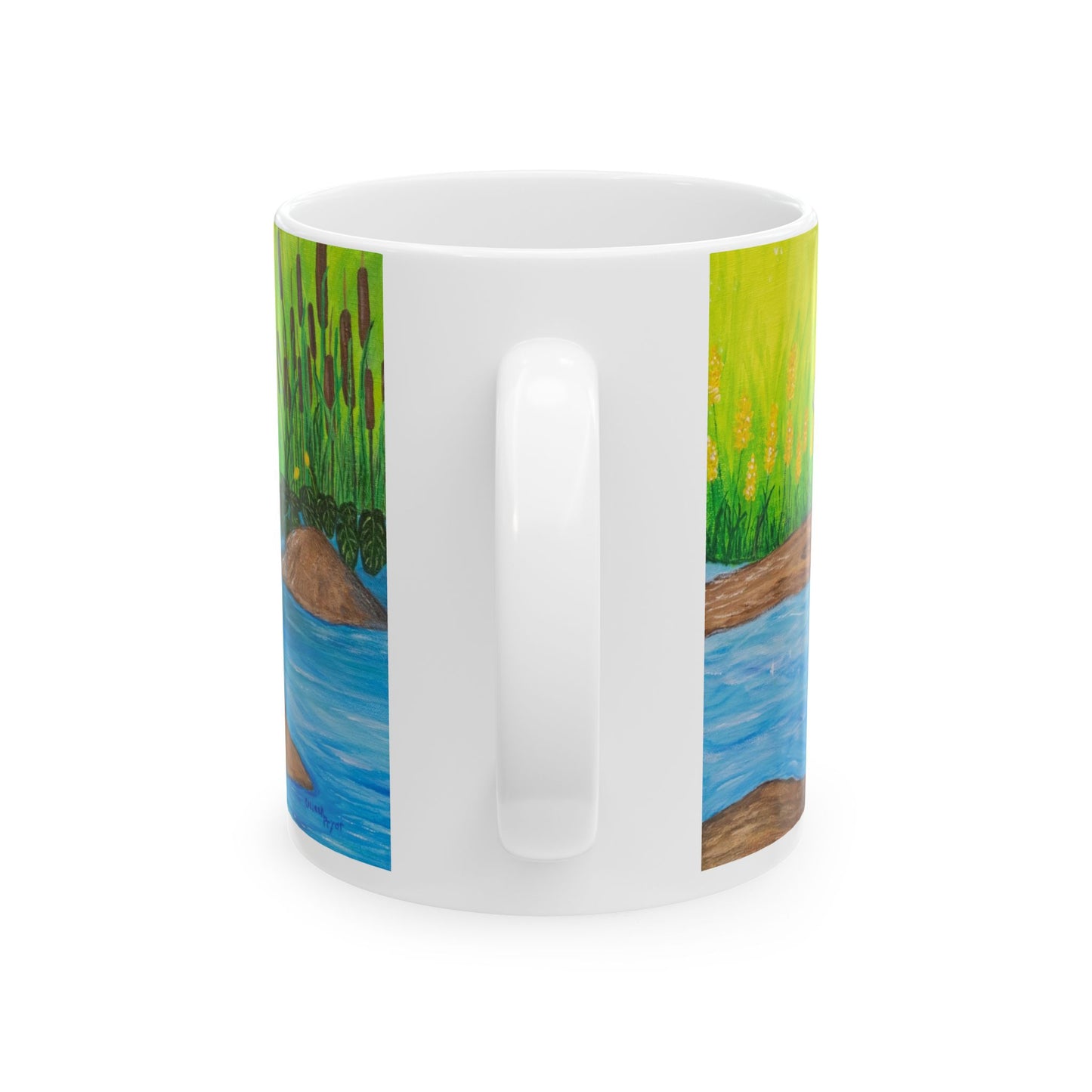 Ceramic Mug - Koi Stream with Wildflowers and Dragonflies by Colleen Pryor - Ceramic Coffee Cup (11oz & 15oz)