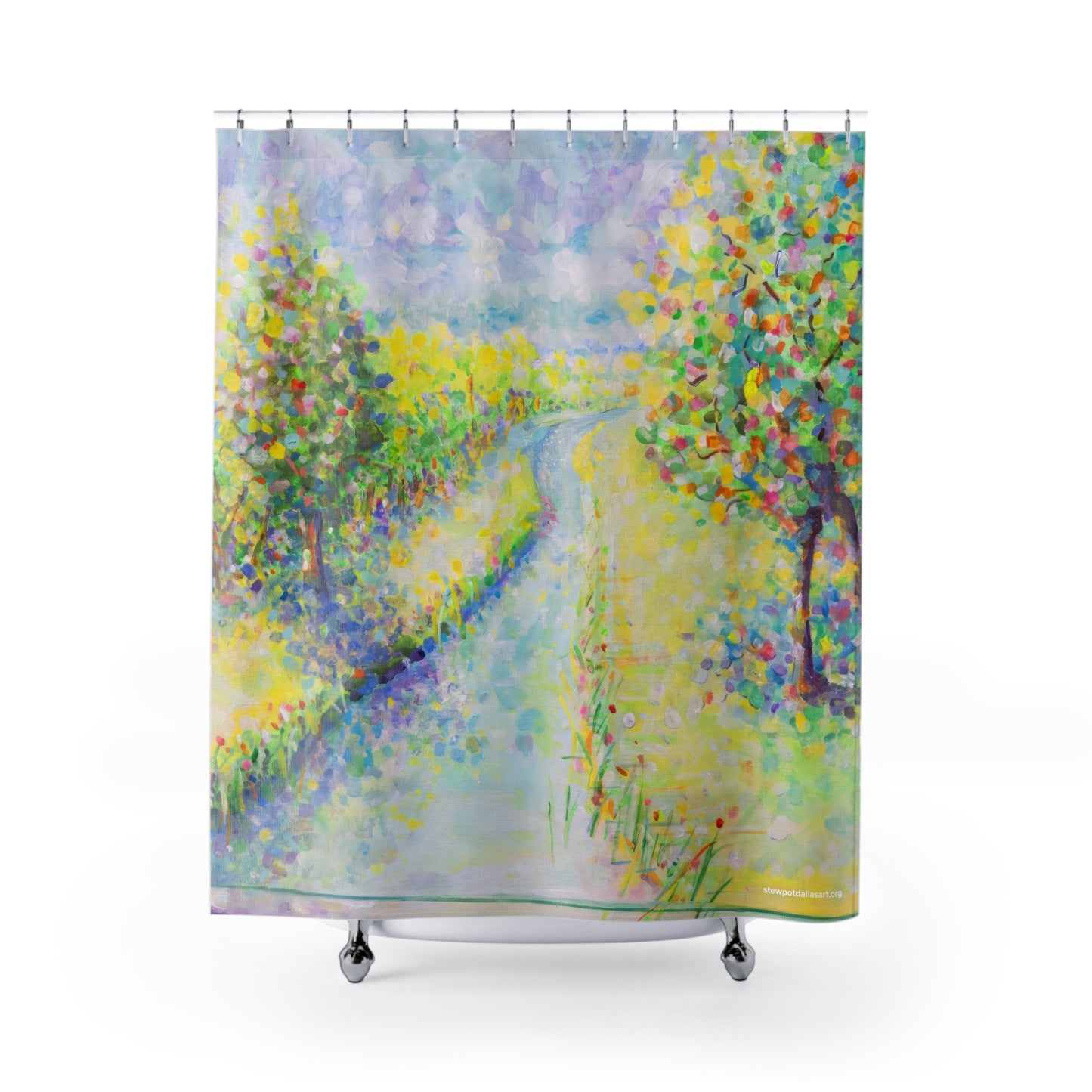 Pastel Watercolor Landscape Shower Curtain — 'Winding Stream' by Roger Blais