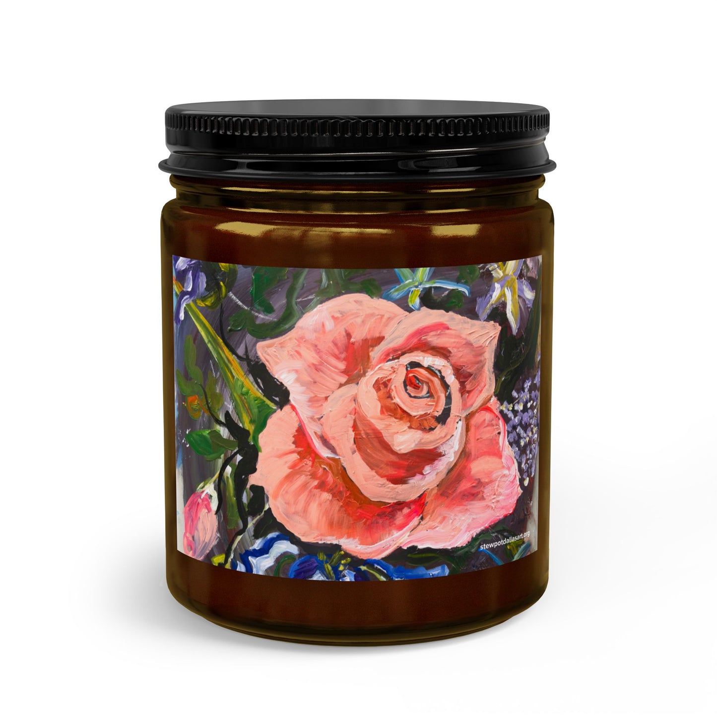 Hand-Painted Rose Candle Set with Matches & Wick Trimmer — 4oz or 9oz, Clear or Amber Jar
