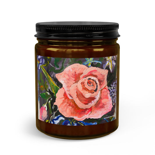 Hand-Painted Rose Candle Set with Matches & Wick Trimmer — 4oz or 9oz, Clear or Amber Jar