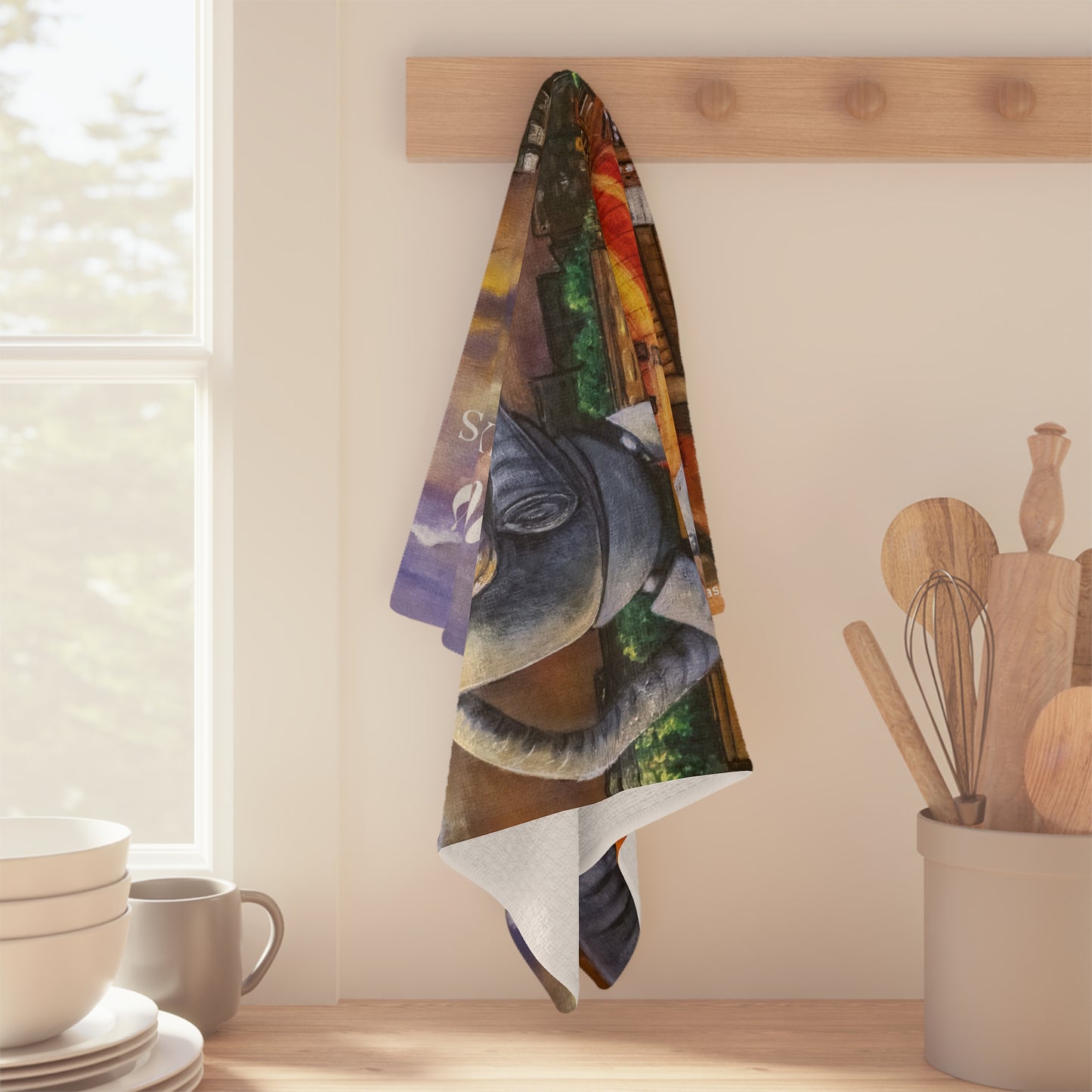 Dallas Sunset Tea Towel — "A Sunset Journey" Microfiber Kitchen Towel featuring Reunion Tower, Pegasus & Traveling Man