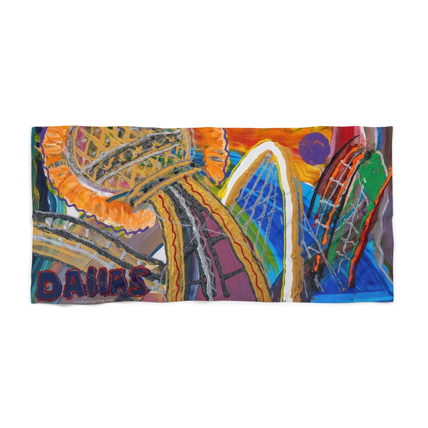 Vibrant Dallas Landmarks Beach Towel — Abstract Bridge & Skyline Design