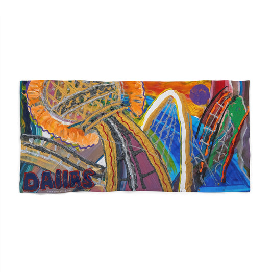 Vibrant Dallas Landmarks Beach Towel — Abstract Bridge & Skyline Design