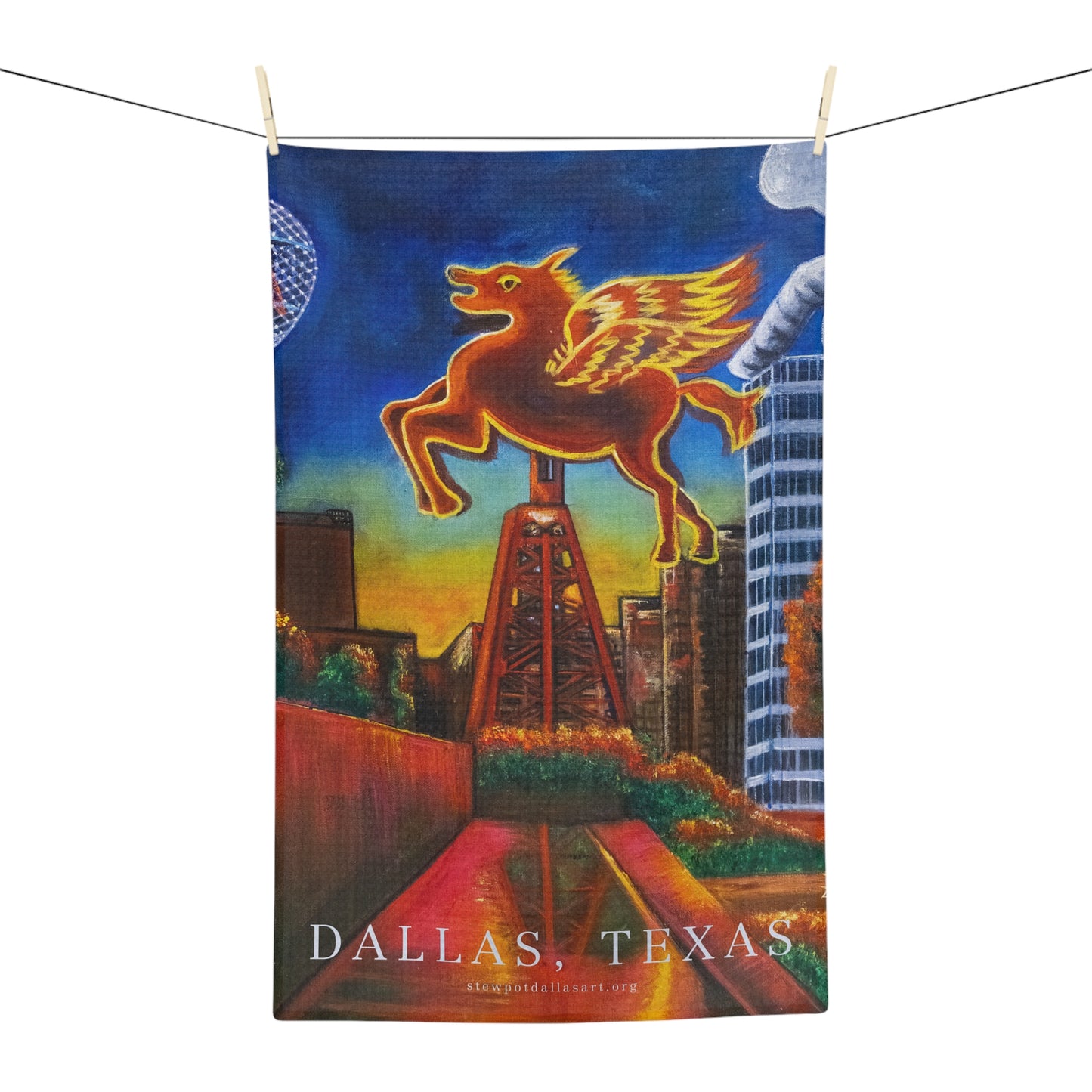 Dallas Cityscape Microfiber Tea Towel — 'Dallas 3 in One' Skyline with Pegasus & Reunion Tower
