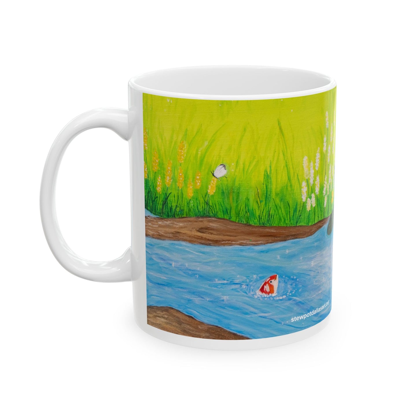 Ceramic Mug - Koi Stream with Wildflowers and Dragonflies by Colleen Pryor - Ceramic Coffee Cup (11oz & 15oz)