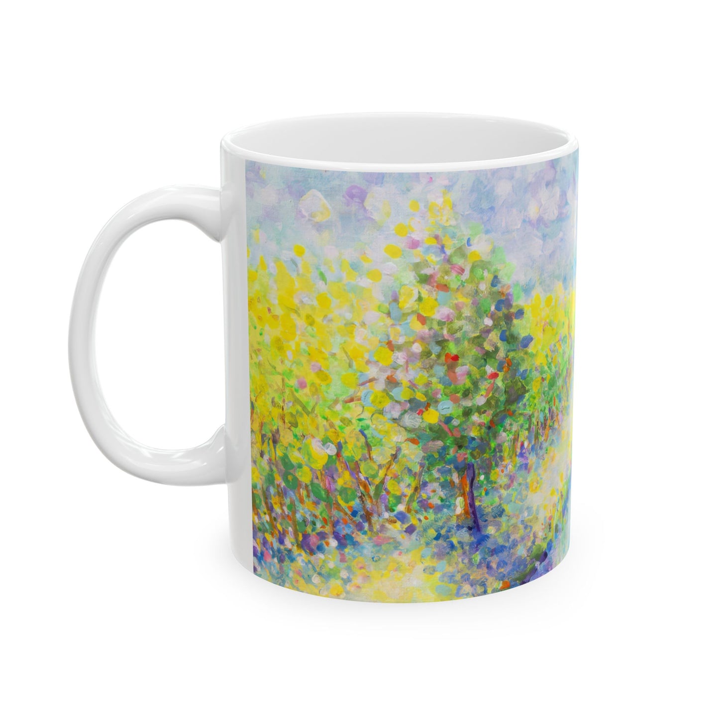 Impressionist Sunrise Landscape Mug — 'Winding Stream' Ceramic Coffee Cup (11oz & 15oz)