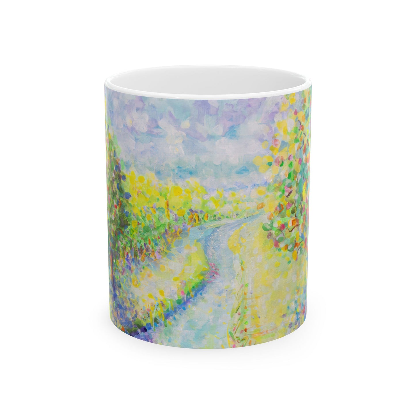Impressionist Sunrise Landscape Mug — 'Winding Stream' Ceramic Coffee Cup (11oz & 15oz)