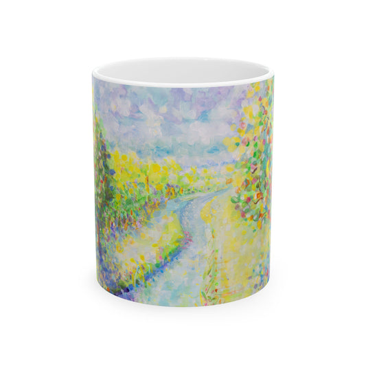 Impressionist Sunrise Landscape Mug — 'Winding Stream' Ceramic Coffee Cup (11oz & 15oz)