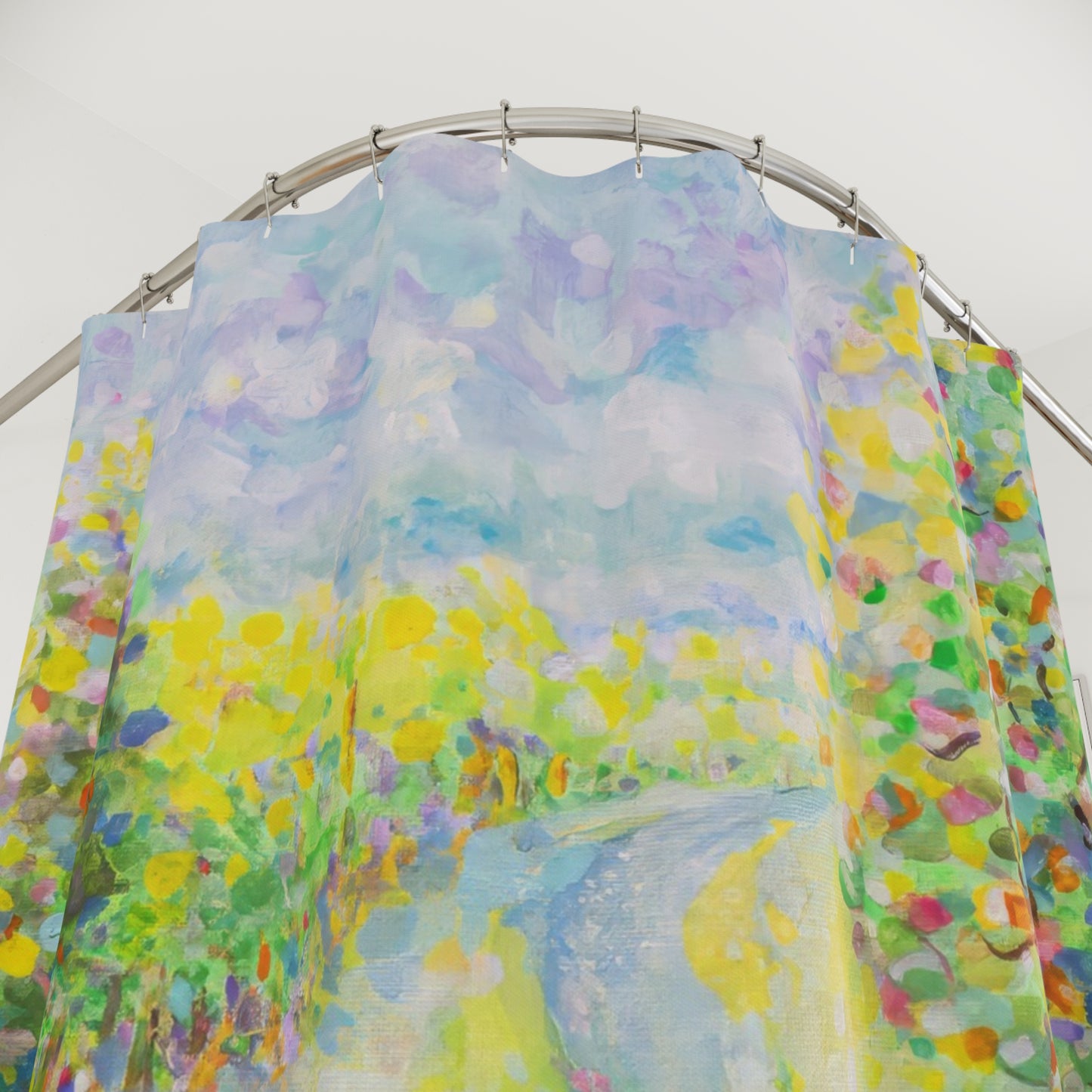 Pastel Watercolor Landscape Shower Curtain — 'Winding Stream' by Roger Blais