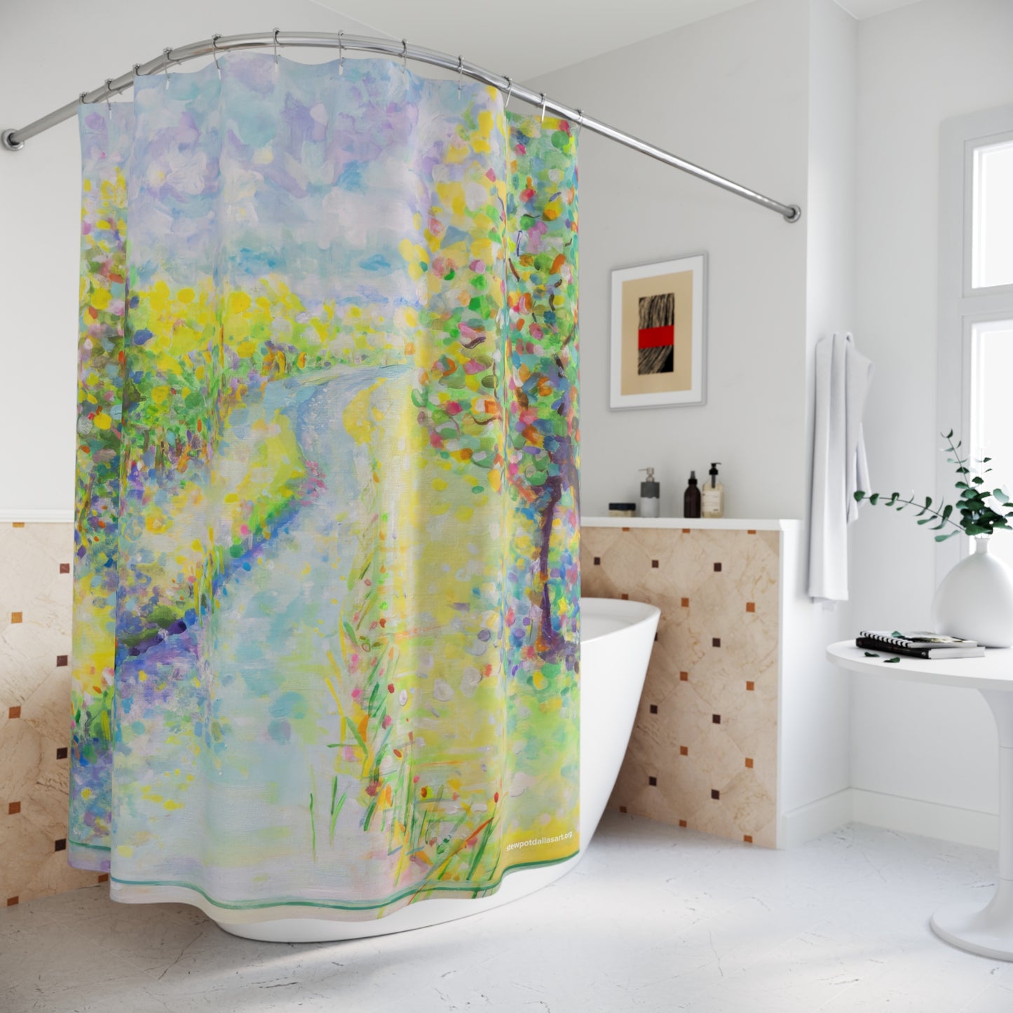 Pastel Watercolor Landscape Shower Curtain — 'Winding Stream' by Roger Blais