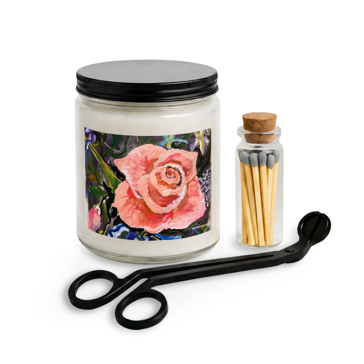 Hand-Painted Rose Candle Set with Matches & Wick Trimmer — 4oz or 9oz, Clear or Amber Jar
