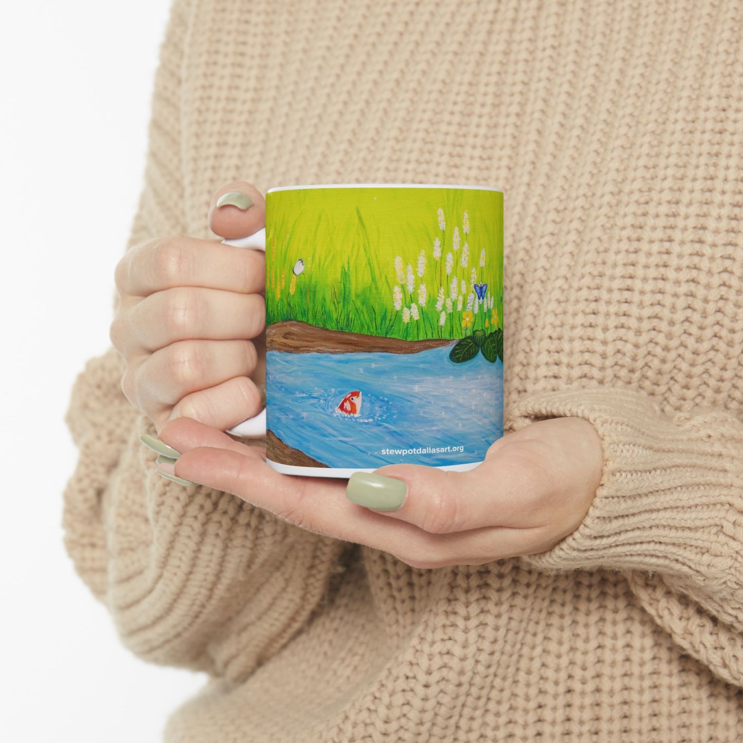 Ceramic Mug - Koi Stream with Wildflowers and Dragonflies by Colleen Pryor - Ceramic Coffee Cup (11oz & 15oz)