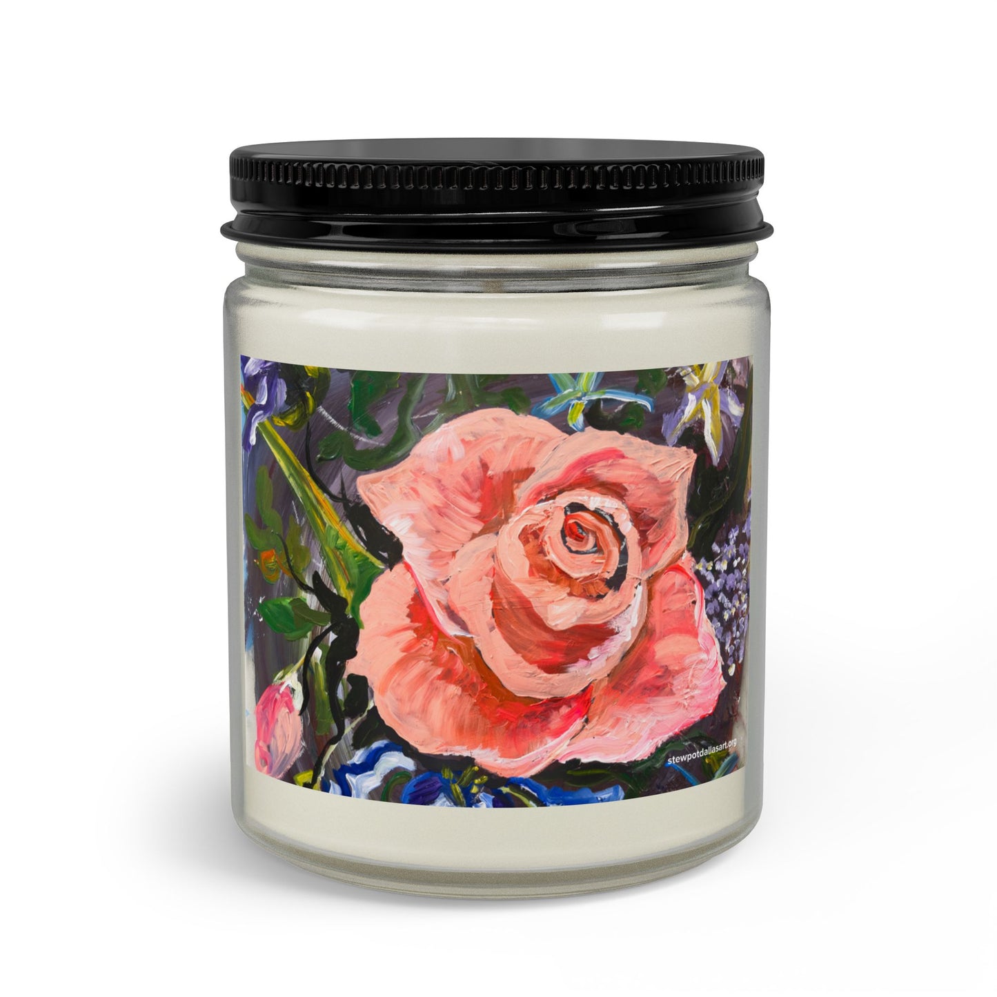 Hand-Painted Rose Candle Set with Matches & Wick Trimmer — 4oz or 9oz, Clear or Amber Jar
