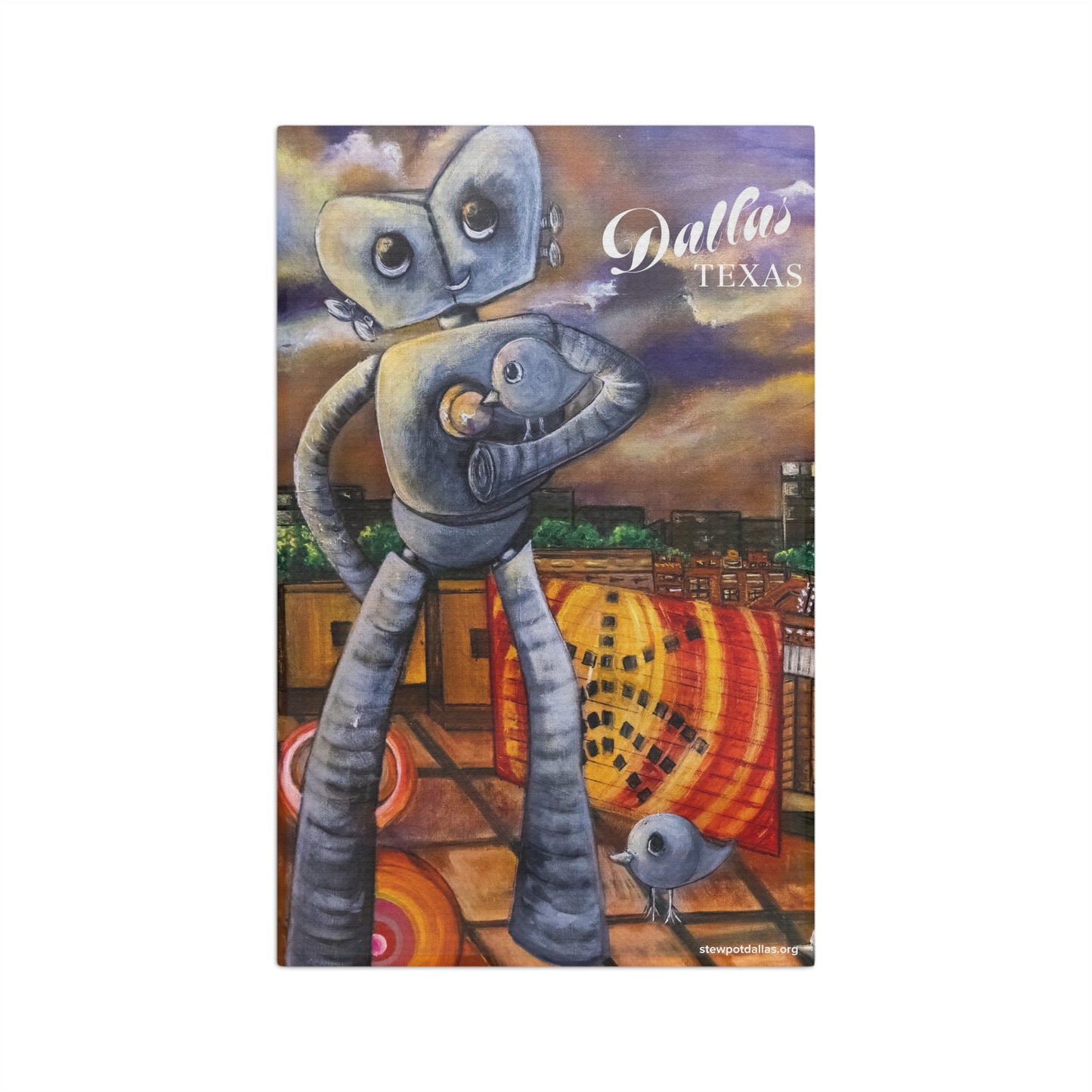 Dallas Sunset Tea Towel — "A Sunset Journey" Microfiber Kitchen Towel featuring Reunion Tower, Pegasus & Traveling Man
