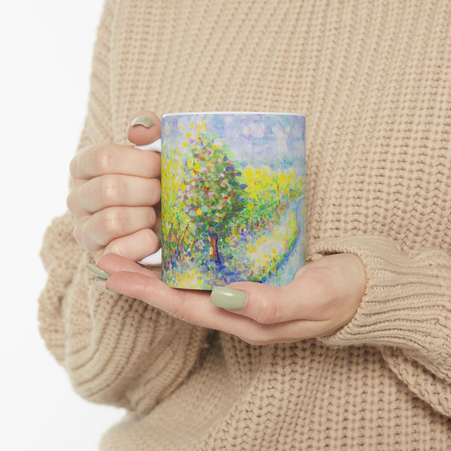 Impressionist Sunrise Landscape Mug — 'Winding Stream' Ceramic Coffee Cup (11oz & 15oz)